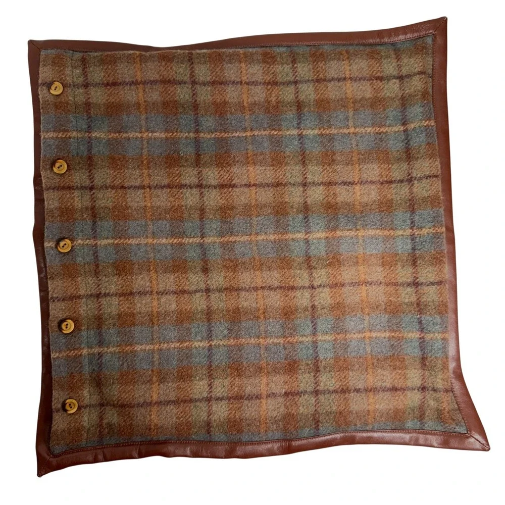 VTG Ralph Lauren Pillow Sham Bedford Hunt Plaid Wool Leather Trim Wood Buttons